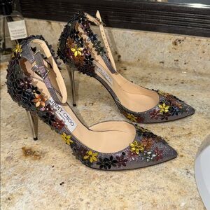 Jimmy Choo Floral Embellished Lorelai glitter heels 38.5